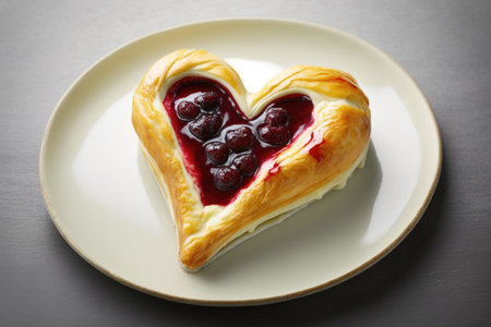 heart-shaped danish pastry on a white plate, with red fruit filling visible, created with generative aiの素材
