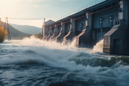 hydroelectric power plant with water flowing through the turbines, creating electricity, created with generative aiの素材