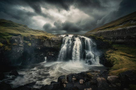 waterfall with dramatic clouds and sky in the background, created with generative aiの素材