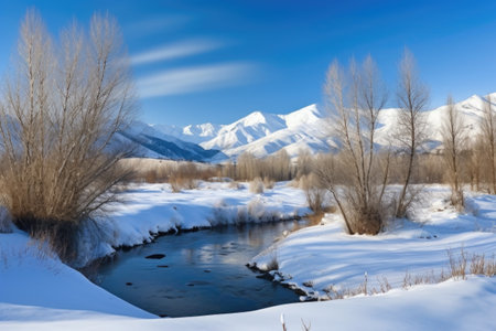 serene winter landscape with snow, mountains and trees, created with generative aiの素材