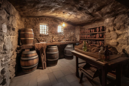 rustic wine cellar with vintage bottles, wooden barrels and stone walls, created with generative aiの素材