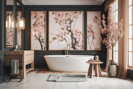 a luxurious bathroom, with wall art and decorations of cherry blossoms and green leaves, created with generative aiの素材
