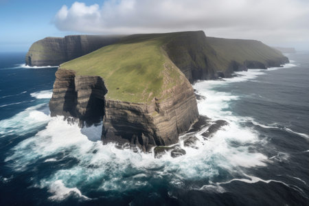 remote island surrounded by towering cliffs, with crashing waves in the background, created with generative aiの素材