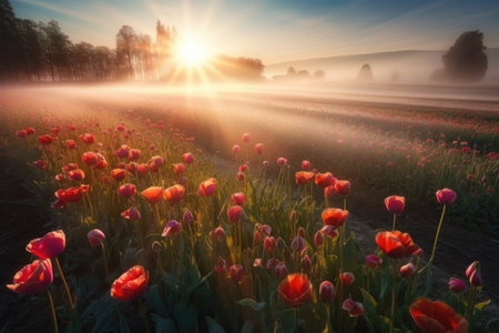 tulip field in full bloom, with a single person walking among the flowers, created with generative aiの素材