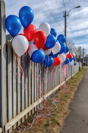 red, white, and blue balloons tied to a fence, created with generative aiの素材
