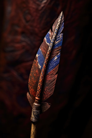 close-up of a wooden arrow with detailed feather fletching, created with generative aiの素材
