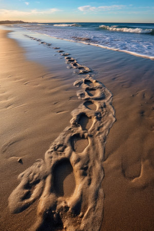 close-up of sandy beach footprints leading into water, created with generative aiの素材
