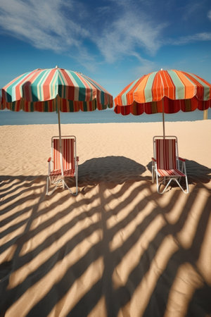 beach chairs and umbrellas casting shadows on the sand, created with generative aiの素材