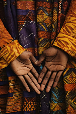 close-up of hands holding african fabric patterns, created with generative aiの素材