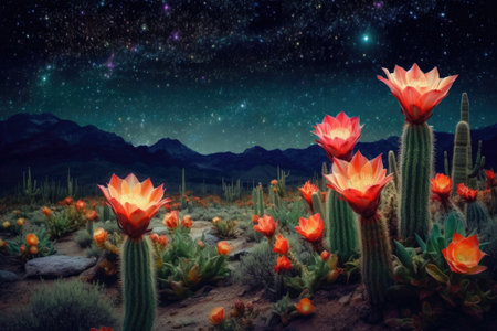 blooming cacti against a starry night sky, created with generative aiの素材