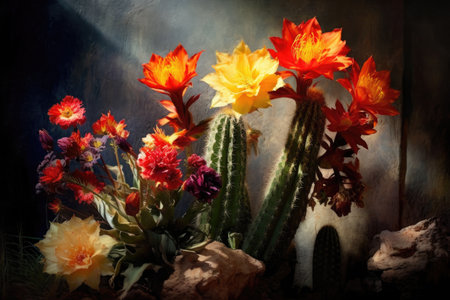 artistic composition of cactus flowers, shadows, and textures, created with generative aiの素材