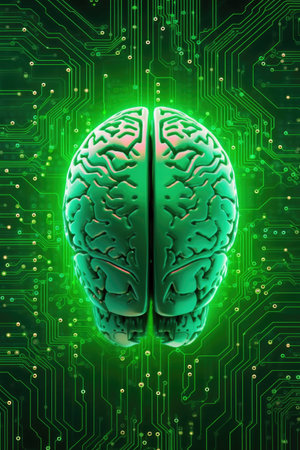 glowing brain illustration on a circuit board backdrop, created with generative aiの素材