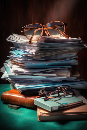 stack of documents with pen and reading glasses, created with generative aiの素材