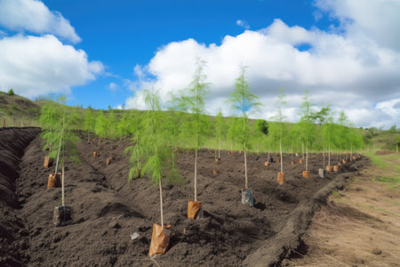 reforestation project on a formerly contaminated site, with new trees growing in the soil, created with generative aiの素材