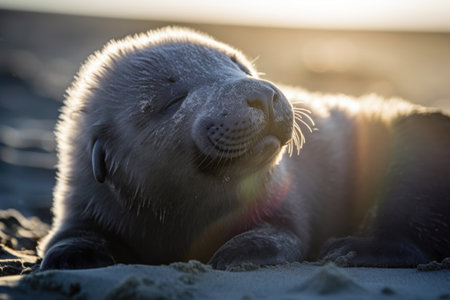seal pup squinting its eyes against the sun, with the sun shining in the background, created with generative aiの素材
