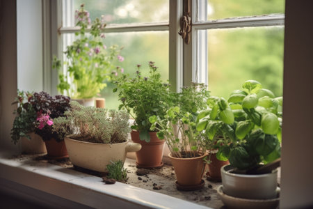 window garden filled with blooming flowers and herbs for cooking, created with generative aiの素材