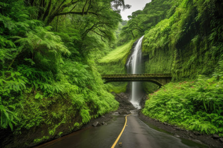 scenic road trip with waterfall and lush greenery in the background, created with generative aiの素材