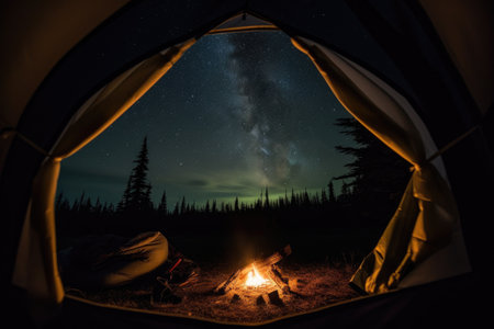 campfire with a view of the night sky visible through the tent window, created with generative aiの素材