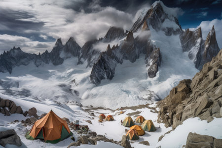 tents and shelters amid towering mountain peaks, surrounded by dramatic snowy landscape, created with generative aiの素材