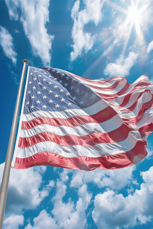 american flag waving against blue sky backdrop, created with generative aiの素材