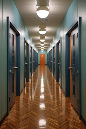 office hallway with multiple closed doors, created with generative aiの素材