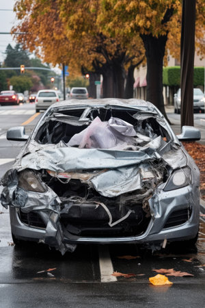 smashed front bumper and crumpled hood of a car, created with generative aiの素材