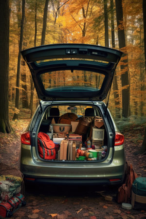 car with open trunk filled with camping gear in nature, created with generative aiの素材