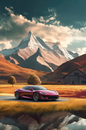 car parked in front of a beautiful mountain landscape, created with generative aiの素材