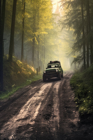 off-road vehicle on a dirt track in the forest, created with generative aiの素材
