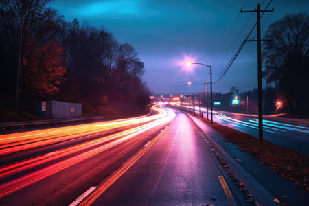 long exposure of busy highway with light trails, created with generative aiの素材
