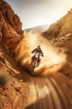 dirt bike kicking up dust on a rugged mountain trail, created with generative aiの素材