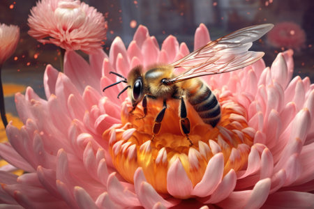 bee pollinating a blooming organic flower, created with generative aiの素材