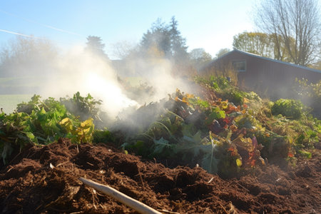 organic farming compost pile with steam rising, created with generative aiの素材