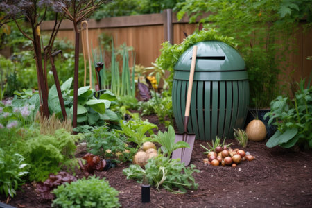 organic compost bin with gardening tools nearby, created with generative aiの素材