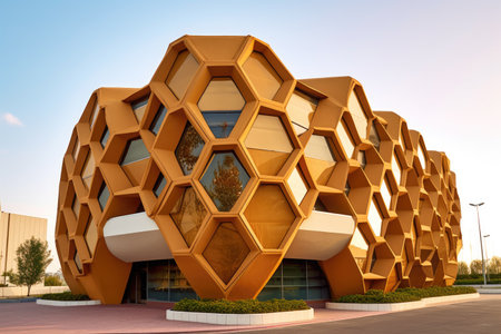 geometric beehive design on a modern building facade, created with generative aiの素材