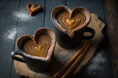 heart-shaped churros pair perfectly with a warm cup of chocolate and caramel, created with generative aiの素材