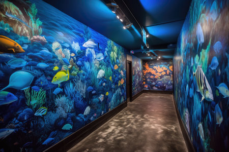 murals of marine life, with vibrant fish and coral, created with generative aiの素材