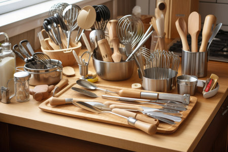 an assortment of cooking utensils and tools, arranged on a wooden chopping board, created with generative aiの素材
