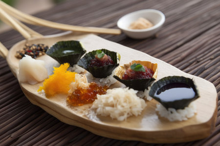 deconstructed sushi roll with raw fish, rice, and seaweed, created with generative aiの素材