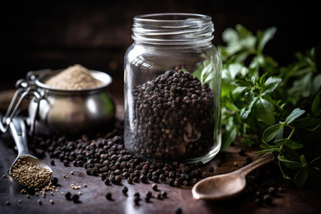 jar of black peppercorns, surrounded by other key ingredients of a simple and delicious recipe, created with generative aiの素材