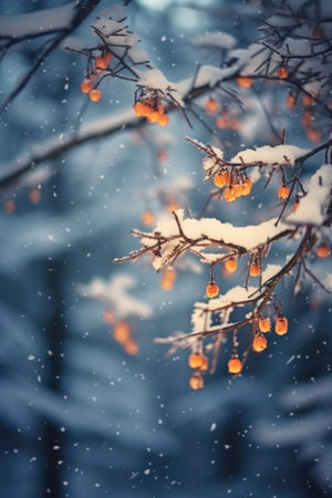christmas tree branches with snow and bokeh lights, created with generative aiの素材