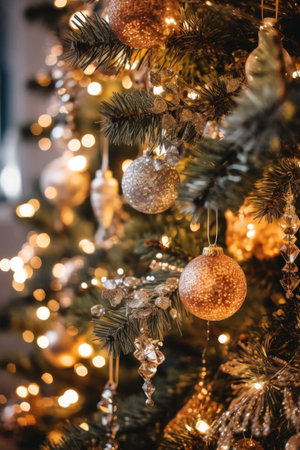 close-up of christmas tree with sparkling lights and ornaments, created with generative aiの素材