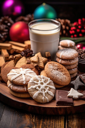 close-up of christmas cookies and hot cocoa, created with generative aiの素材