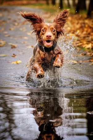 playful dog splashing in a puddle, created with generative aiの素材