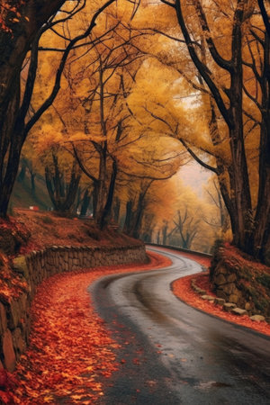 a winding road lined with trees in autumn colors, created with generative aiの素材