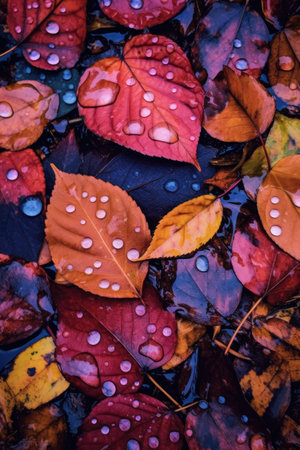 raindrops on colorful autumn leaves on the ground, created with generative aiの素材