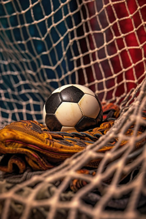 close-up of a goalies gloves and ball on a goal line, created with generative aiの素材