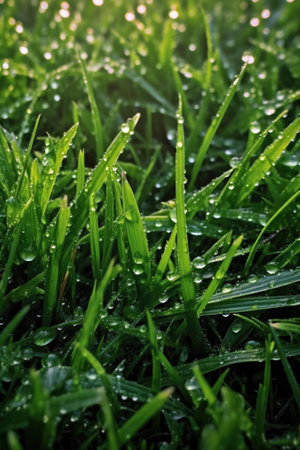morning dew on vibrant green grass close-up, created with generative aiの素材