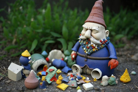 garden gnome garden made from broken ceramic pieces and old toys, created with generative aiの素材