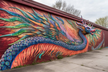 colorful mural of dragon, with its wings extending across the entire wall, created with generative aiの素材
